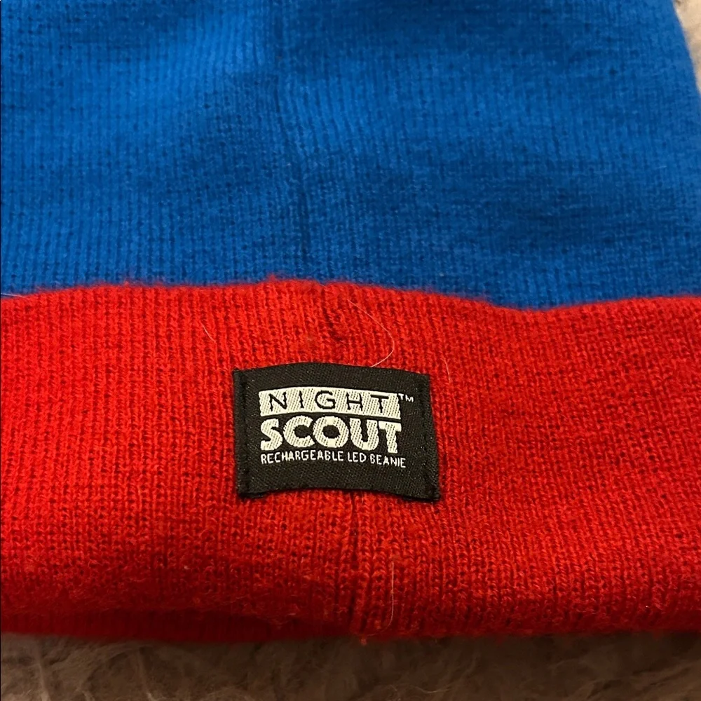 NWOT Night Scout Blue‎ and Red Light Beanie with Pom Pom